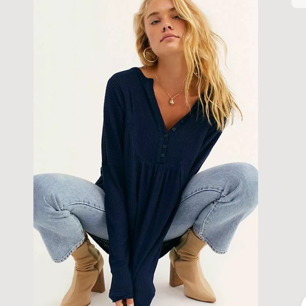 Free People Leo Thermal Henley Oversized Indigo